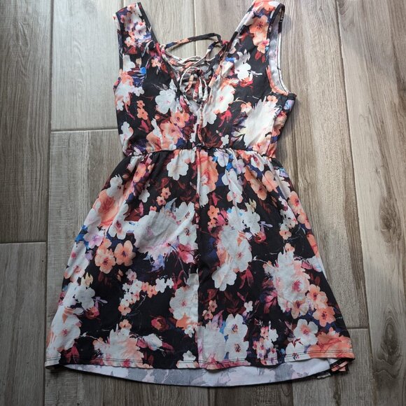 Forever 21 Women’s Dress Size L Black Pink White Floral Sleeveless Skater - Picture 2 of 6